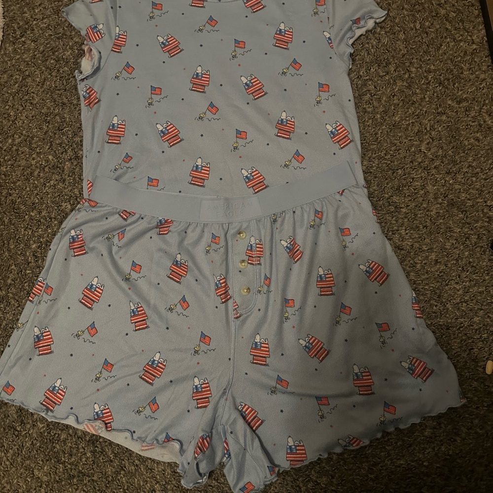 American Eagle Outfitters Blue Pajama Set with Red and White Print